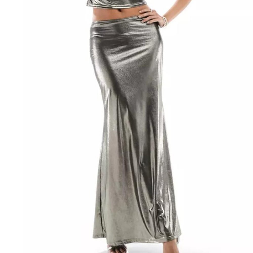 Wild Fable Y2K Style Silver Metallic Glam Trumpet Maxi Skirt A-Line Size XXS
